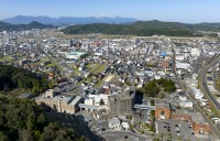 遠くに大山。倉吉市街を一望する一連の施設群